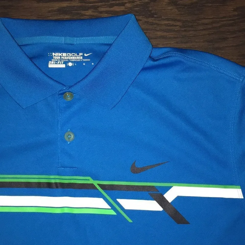 Teal Blue w/Geo Stripe Print Nike Tour Performance Golf Polo shirt L mens